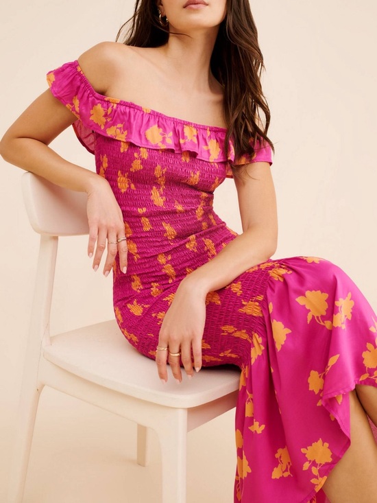 Anthropologie Dresses & Skirts - By Anthropologie Floral Pink Off-Shoulder Midi Dress Summer Wedding XXS